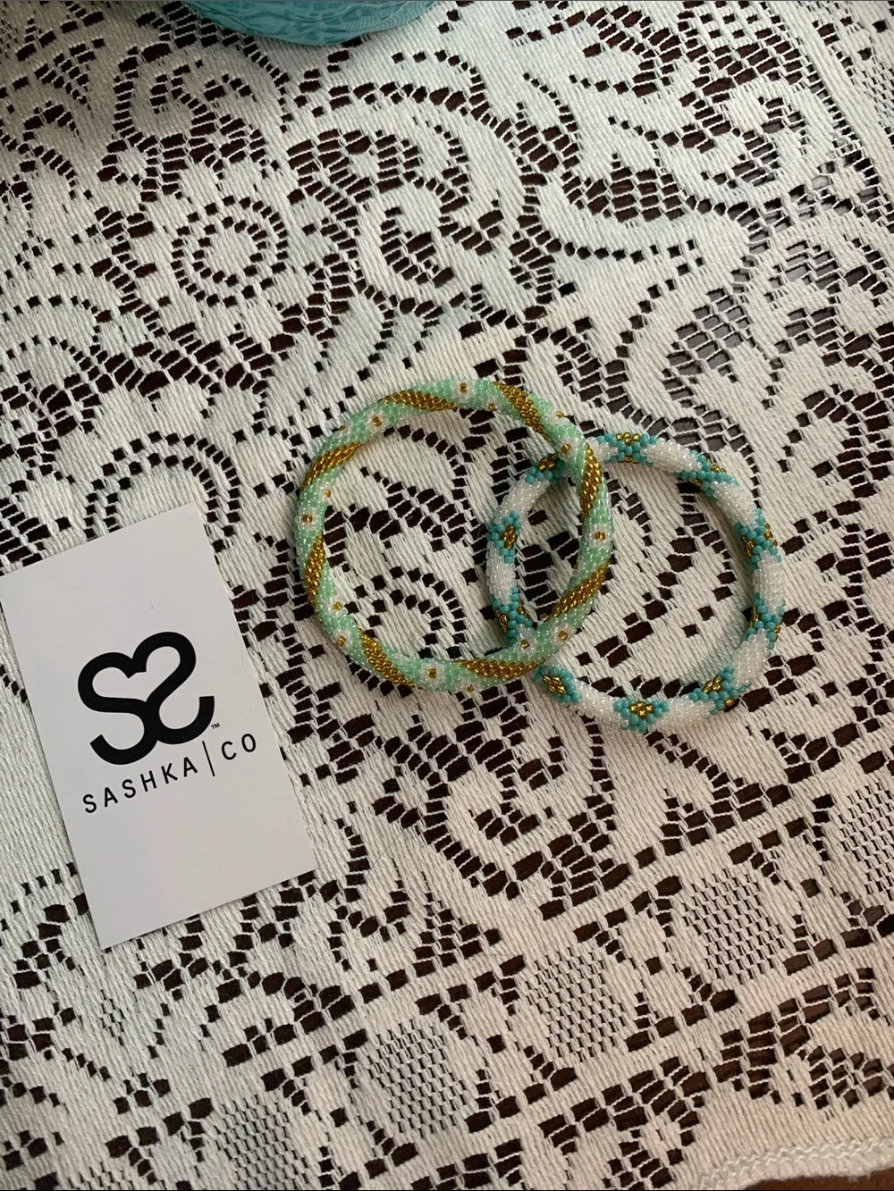 Artisan Hand Beaded Bracelet Set - Mint & Gold